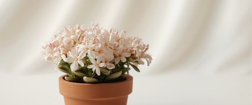 Detailed shot of abelia blossoms in flowerpot isolated by smooth muted background