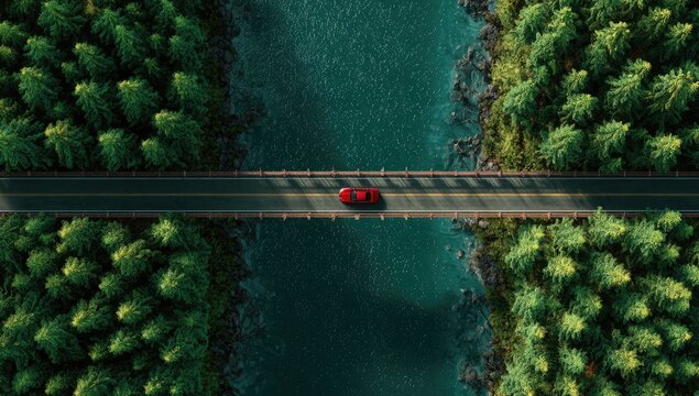 Red car crosses a bridge over a deep blue river surrounded by lush green forest