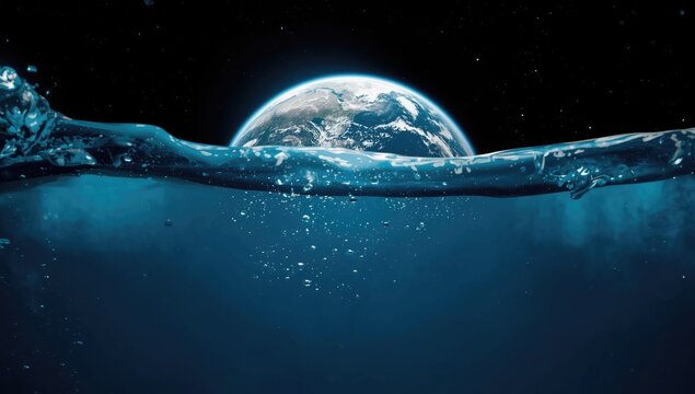 Earth seen with fifty percent water coverage featuring blue ocean waves and drops and presence of life