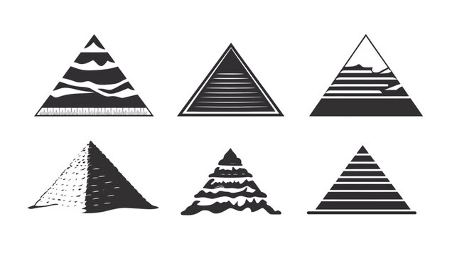 Six stylized black and white triangular images on a white background, each with different patterns