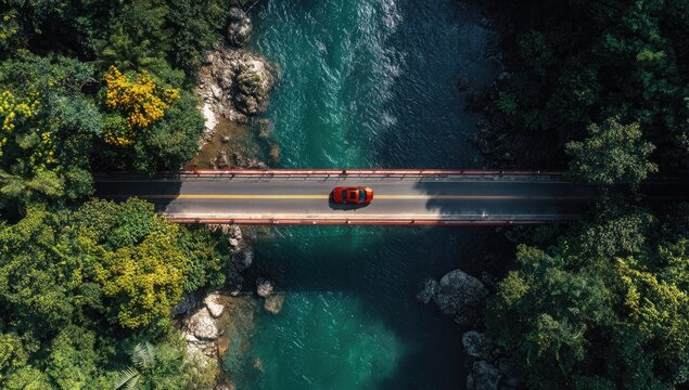Aerial view of a single red vehicle crossing a bridge over a lush green forest