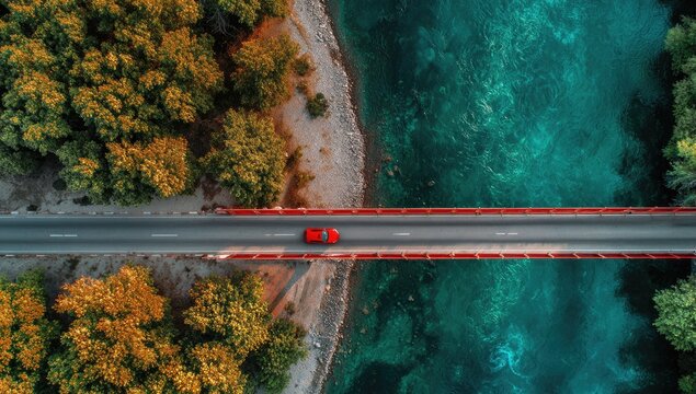 Red car crosses vibrant red bridge over a turquoise river by autumnal trees