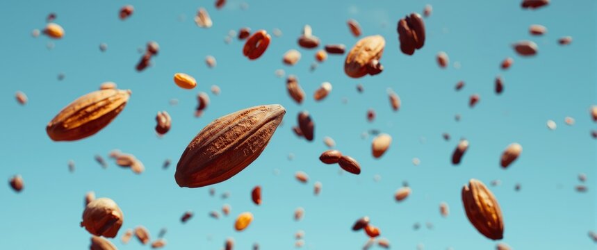 Floating cocoa pod fragments and beans in a clear sky background