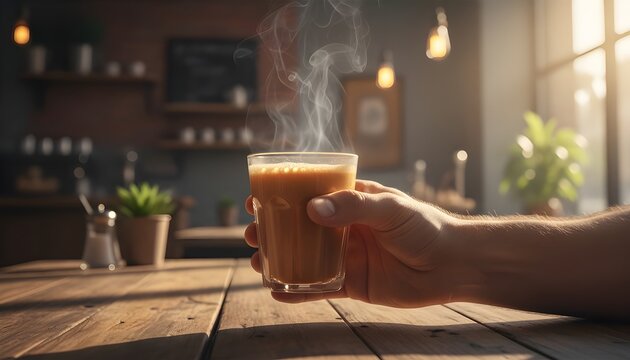 Masculine male hand holding hot Pakistani karak chai glass with steam in cozy cafe setting