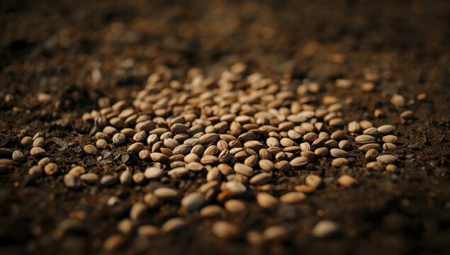 Collection of vegetable seeds spread across fertile soil surface with available copy space