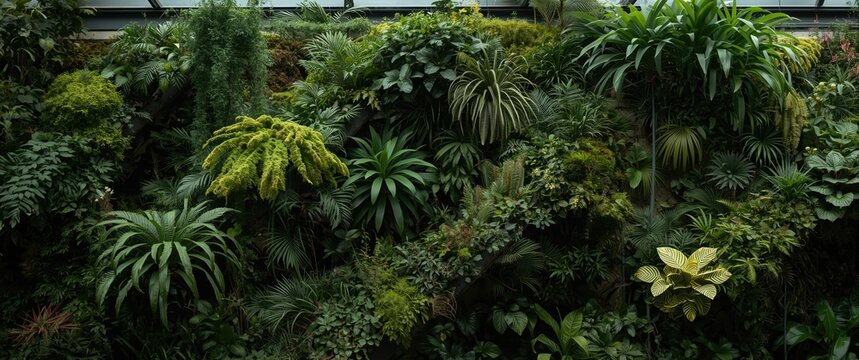 Cloud forest inspired vertical garden with an abundant variety of tropical foliage including moss and flowering shrubs