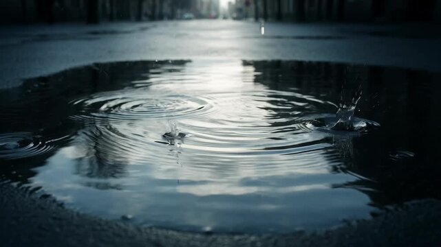 Raindrops falling into a puddle on the dark city street creating concentric ripples during the day
