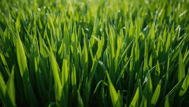 Detailed close shot of vibrant green grass with thick blades and rich texture under daylight