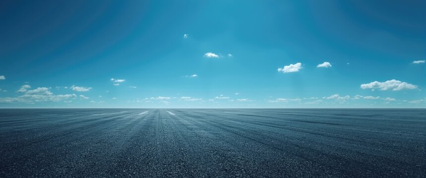Expansive asphalt surface under a clear vibrant sky with few clouds