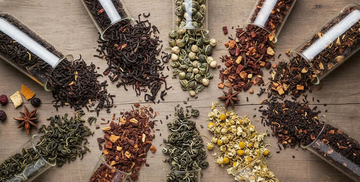 Healthy alternative medicine concept featuring multiple colorful organic tea blends and dry flowers. Flat lay composition of loose tea variety with spices and botanical ingredients on wood
