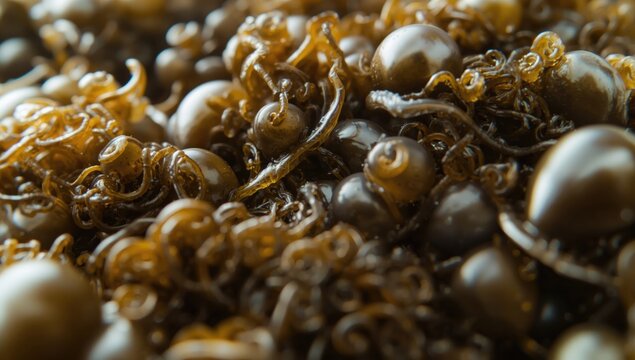 Close perspective of fucus vesiculosus seaweed with air bladders on white surface