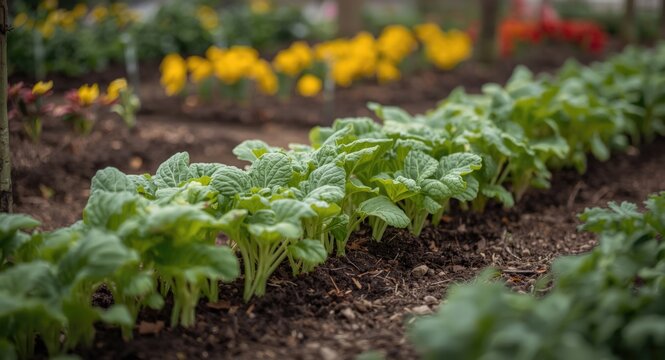 Fresh vegetable transplants thriving in vibrant spring garden beds
