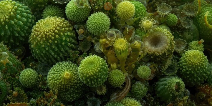 Close up 400x magnified image showing Coleastrum Scenedesmus Euglena and other green algae