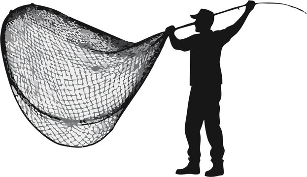 Traditional Fisherman Throwing Fishing Net Silhouette, Indonesian Sea Fisher Character, Vector Illustration