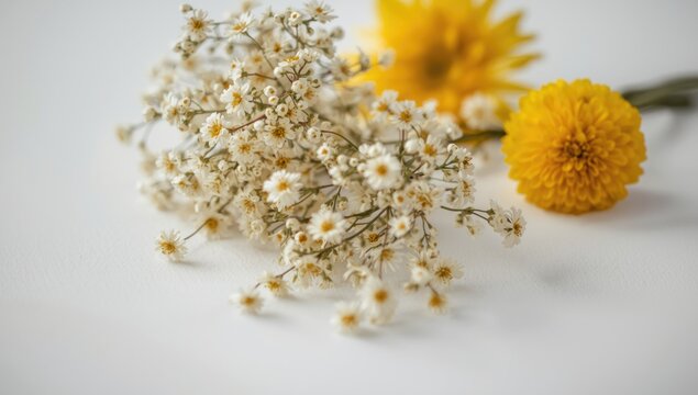 Floral display featuring globosa craspedia and mini santini chrysanthemum on white background