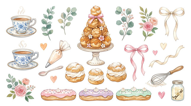 A delightful watercolor collection of French pastries, including a croquembouche, eclairs, cream puffs, tea cups, and baking accessories, perfect for a charming bakery or tea party theme.