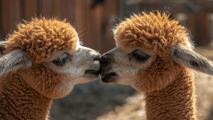 Naklejka premium Endearing close up of furry llama babies bonding on farm