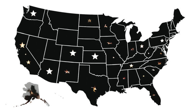 Map of the United States features a dark silhouette with white borders and bright stars marking specific locations across various states to indicate key geographic points of interest on a clean.
