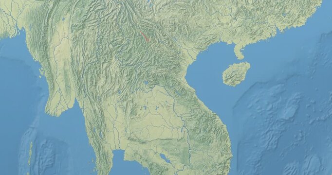 Laos on Globe. Zoom into the country with Earth spinning on dark background. Physical world map with Laos and label on it. Country view animation.