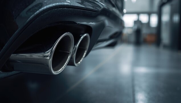 Close examination of a car&acirc;&euro;&trade;s emission system featuring O2 sensor and exhaust pipes