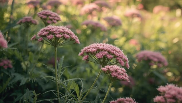 Close up of Achillea millefolium cerise queen with pink blossoms in garden