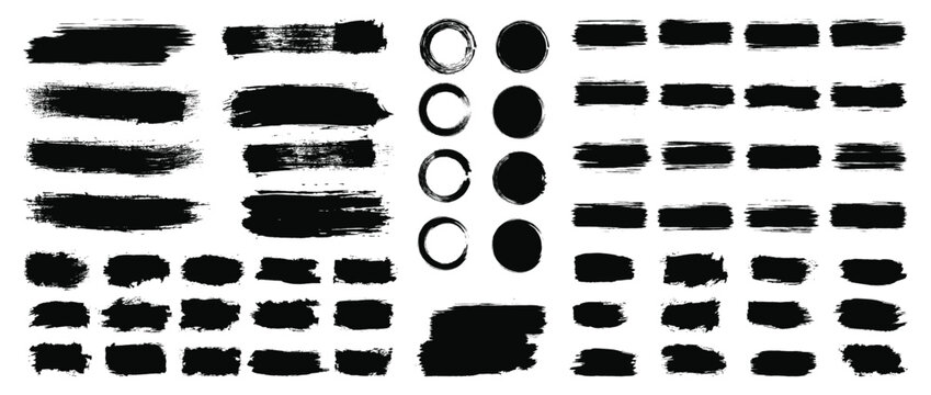 Set of paint brush stroke, ink splash and grungy decoration elements. freehand grunge brush. black watercolor splatter, texture, vector illustration