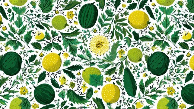 Vibrant botanical pattern features an array of green foliage and stylized citrus and melon fruits.
