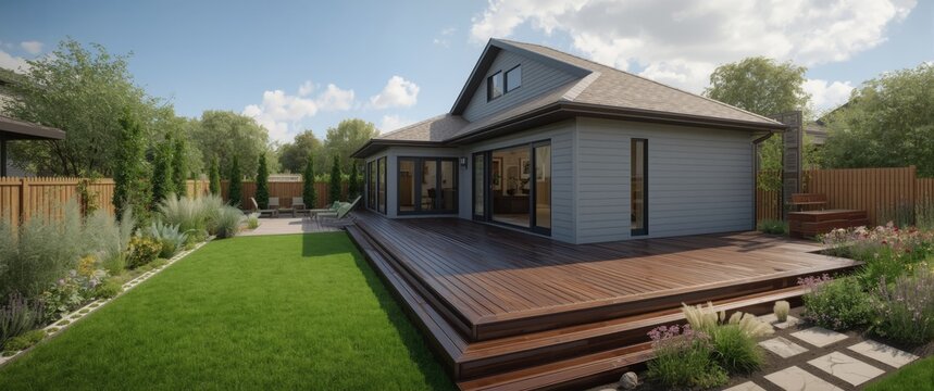 Complete home renovation showcasing deck garage and backyard