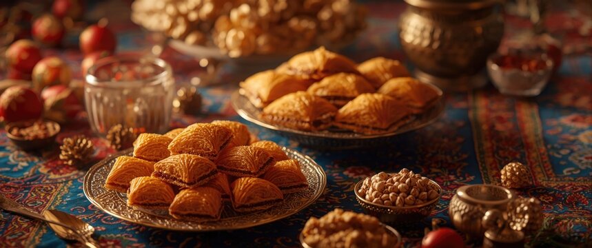 Festive Azerbaijani holiday Novruz featuring baklava mutaki and shakarbura pastries