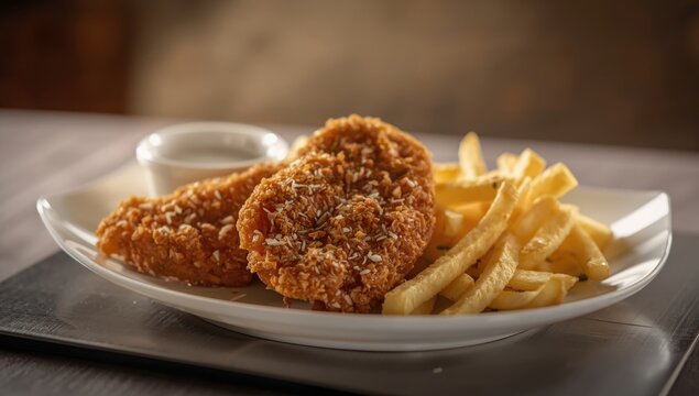 Golden fried chicken broast paired with perfectly fried French fries