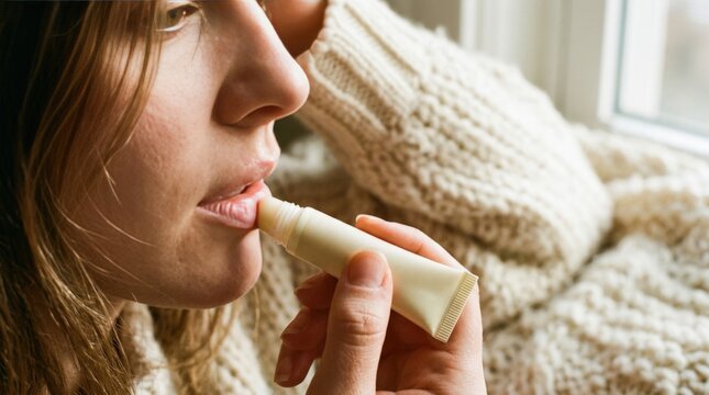 Close-up of woman applying lip balm for winter skincare and hydration routine in cozy sweater