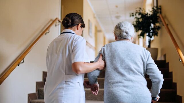 A young female nurse assisting an elderly woman with mobility challenges on stairs in a care facility - camera following, woman holding arm ascending the stairs