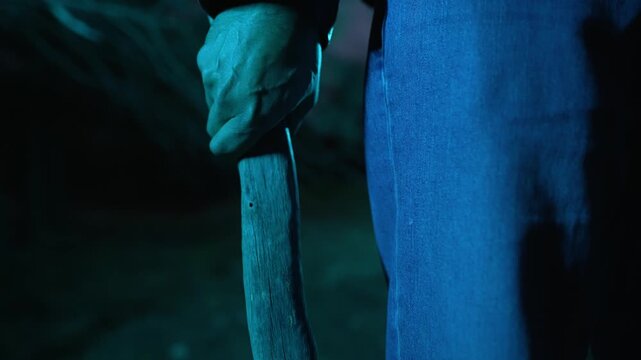 Axe in man's hand at night in forest 