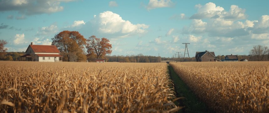 Empty cornfield post-harvest with classic farmhouses highlighting autumn countryside charm