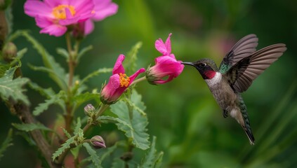 Obraz premium Graceful hummingbird sipping nectar from a bright pink flower amid greenery