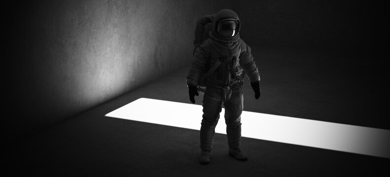Dramatic Standing Astronaut Spacesuit Dark Room Concrete Walls Sci Fi Mysterious Spotlight Rectangular Light Isolated Figure 3d illustration