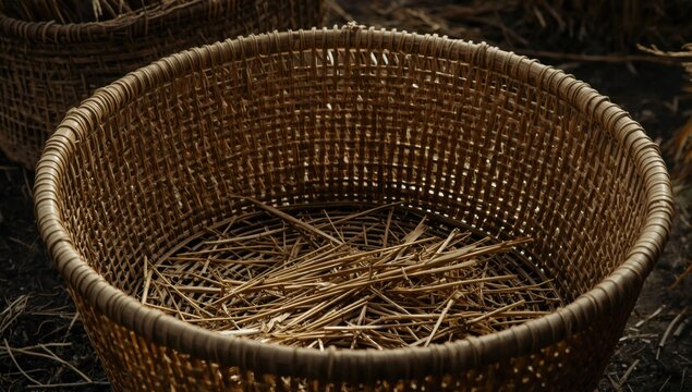 Durable bamboo threshing basket combining intricate weaving artistry with traditional farming function
