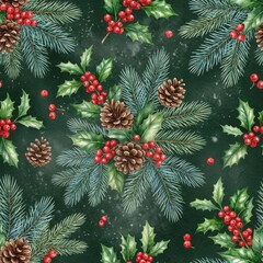 Festive evergreen branches with holly berries and pine cones on a dark background