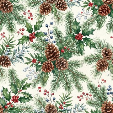 Watercolor Christmas pattern with pine cones, holly berries, and evergreen branches