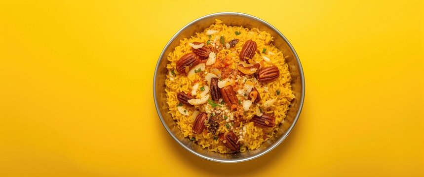 Colorful serving of poha chivda with crunchy nuts and spices displayed on a lively yellow studio backdrop