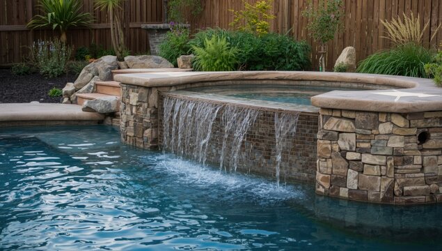 Designer backyard pool highlighting mosaic artwork and flowing water over steps