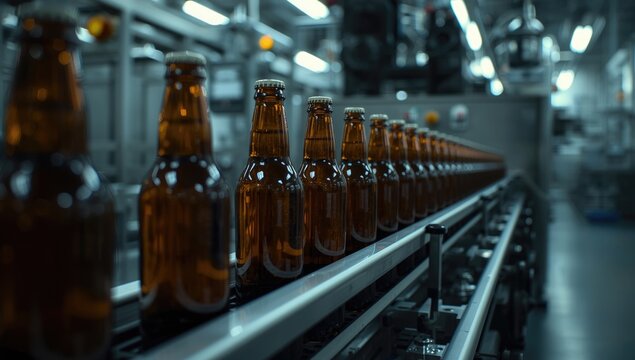 Focused image of brown beer bottles progressing along a modern production line with germ elimination and hygiene checks