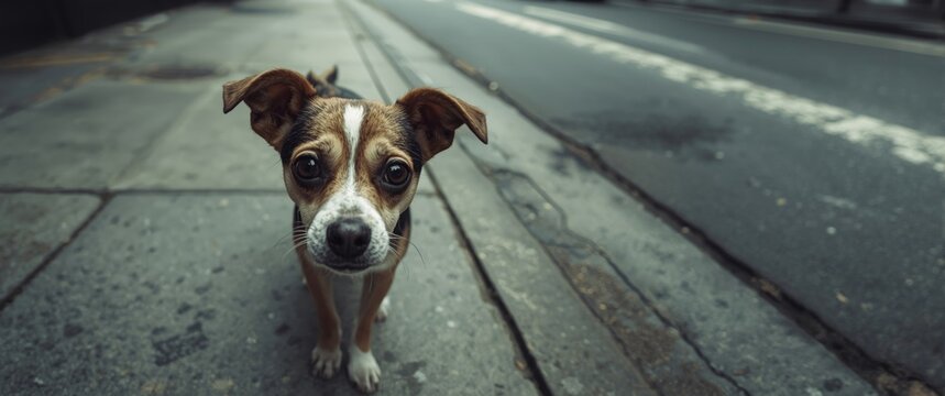 Frightened small canine on city sidewalk exhibiting uncertainty and alertness