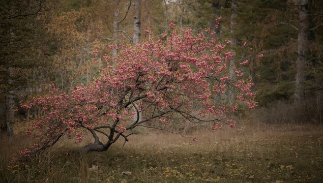 European spindle tree with abundant pink berries in forest environment
