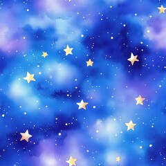 Fototapeta premium Whimsical watercolor starry night sky with golden stars and glowing nebulae