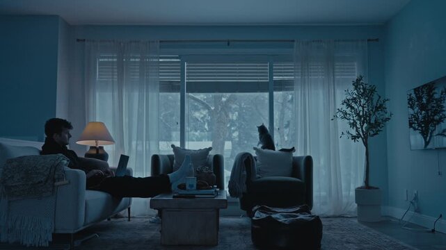 Wide view of living room with man, cat, warm lamp glow and snowy window outside.
