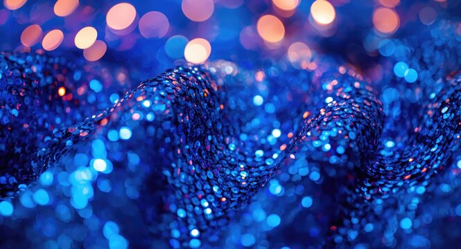 Festive abstract fabric design with shimmering blue sequins and vibrant bokeh light effects