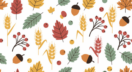 Fototapeta premium Autumnal Harvest Pattern Featuring Leaves, Berries, Wheat, and Acorns.