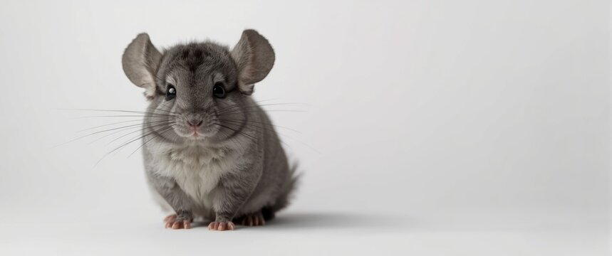 Endearing grey chinchilla baby sitting against plain white studio backdrop