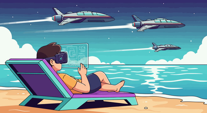 Boy Experiencing Virtual Reality on Beach with Jet Flyover.